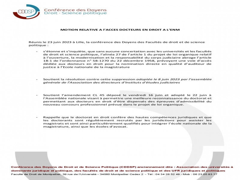 Accès des docteurs en droit à l'Ecole nationale de la magistrature