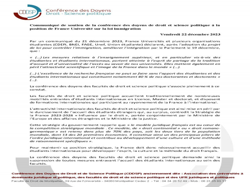 Communiqué de soutien de la Conférence des doyens de droit et science politique à la position de France Université sur la loi immigration