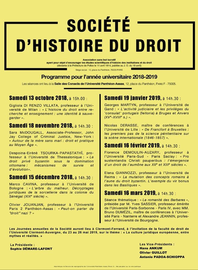 Société d'histoire du droit. Conférences 2018-2019