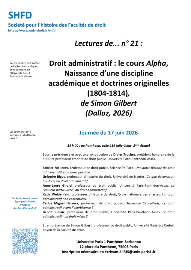 Lectures de... n° 21 : S. Gilbert,  Droit administratif : le cours Alpha, Naissance d’une discipline académique et doctrines originelles (1804-1814), Dalloz, 2026